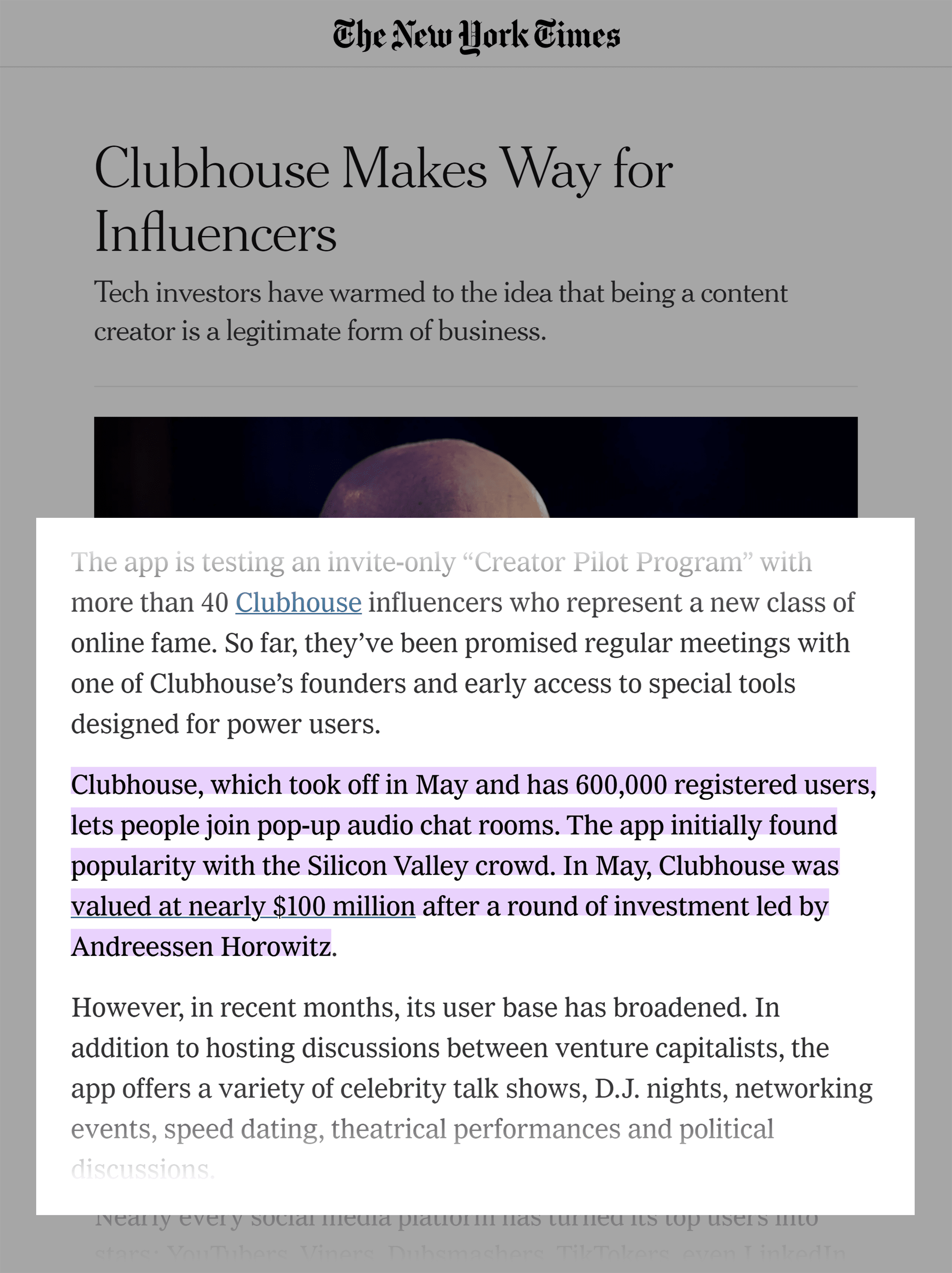 The New York Times – Clubhouse article
