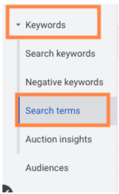 search terms tab in google ads