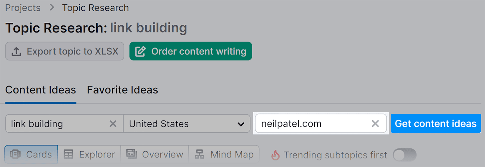 Add competitor’s domain and click ‘Get content ideas’ Add competitor's domain and click 'Get content ideas'