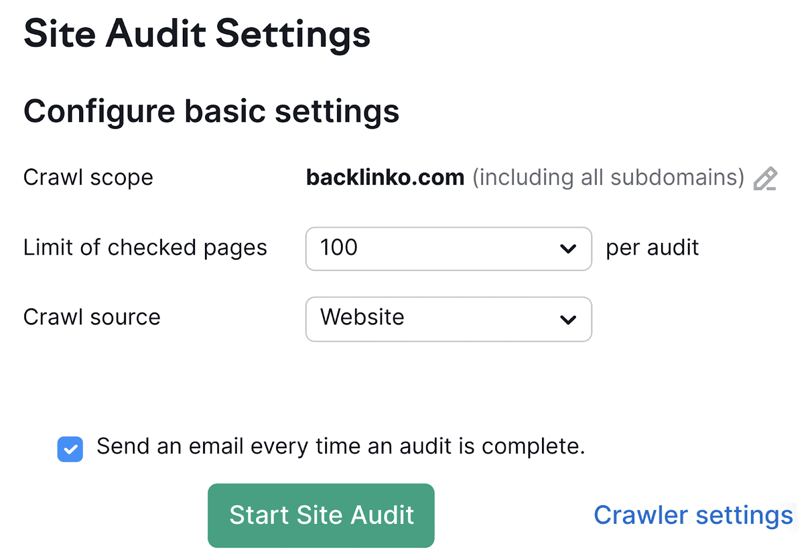 Configure settings before starting audit