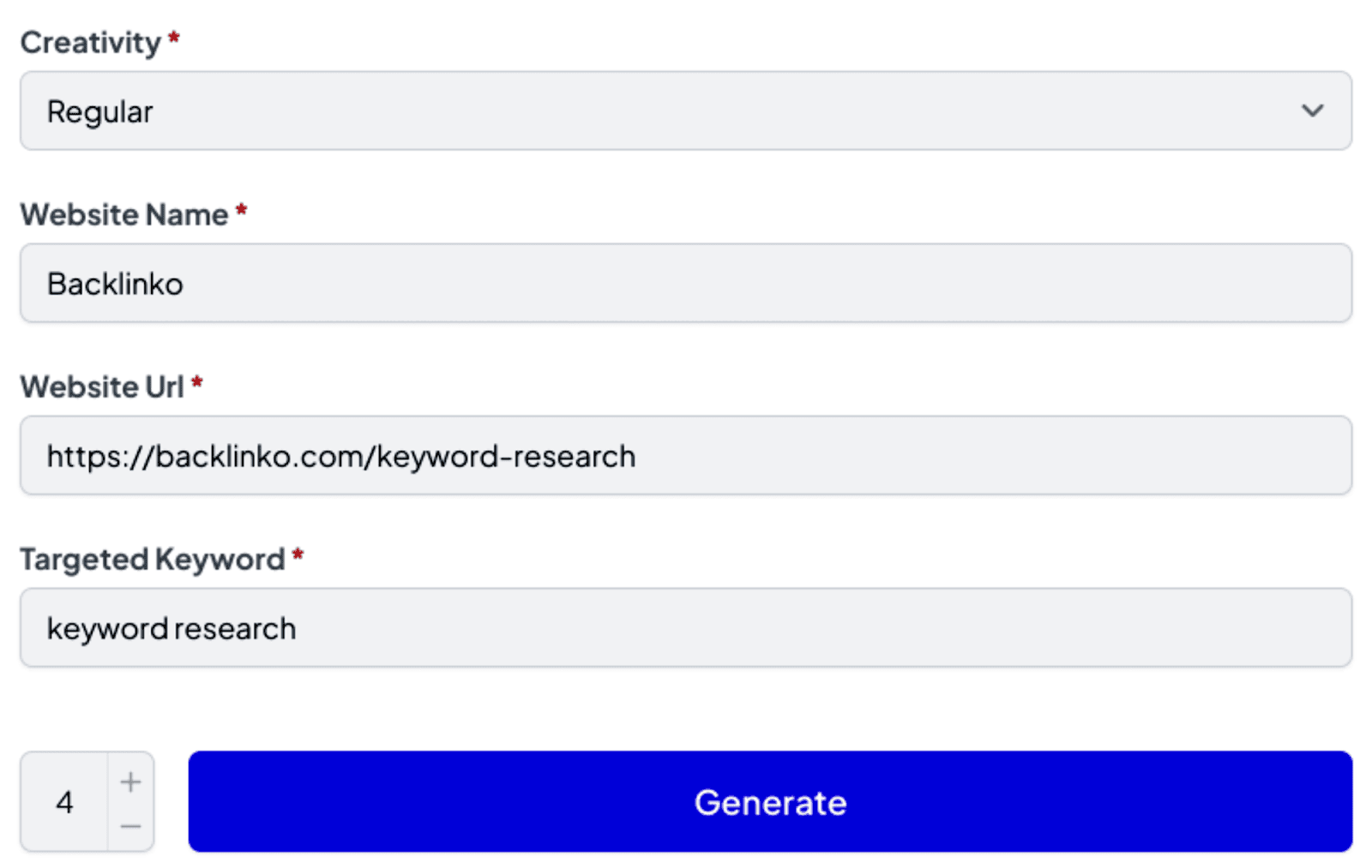 Target keyword and website information