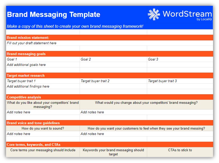 brand messaging template - preview of brand messaging template from wordstream