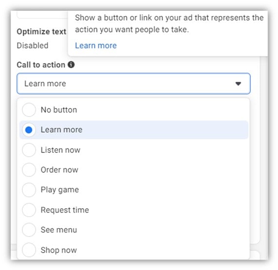 facebook ads benchmarks - example of facebook ads cta button choices