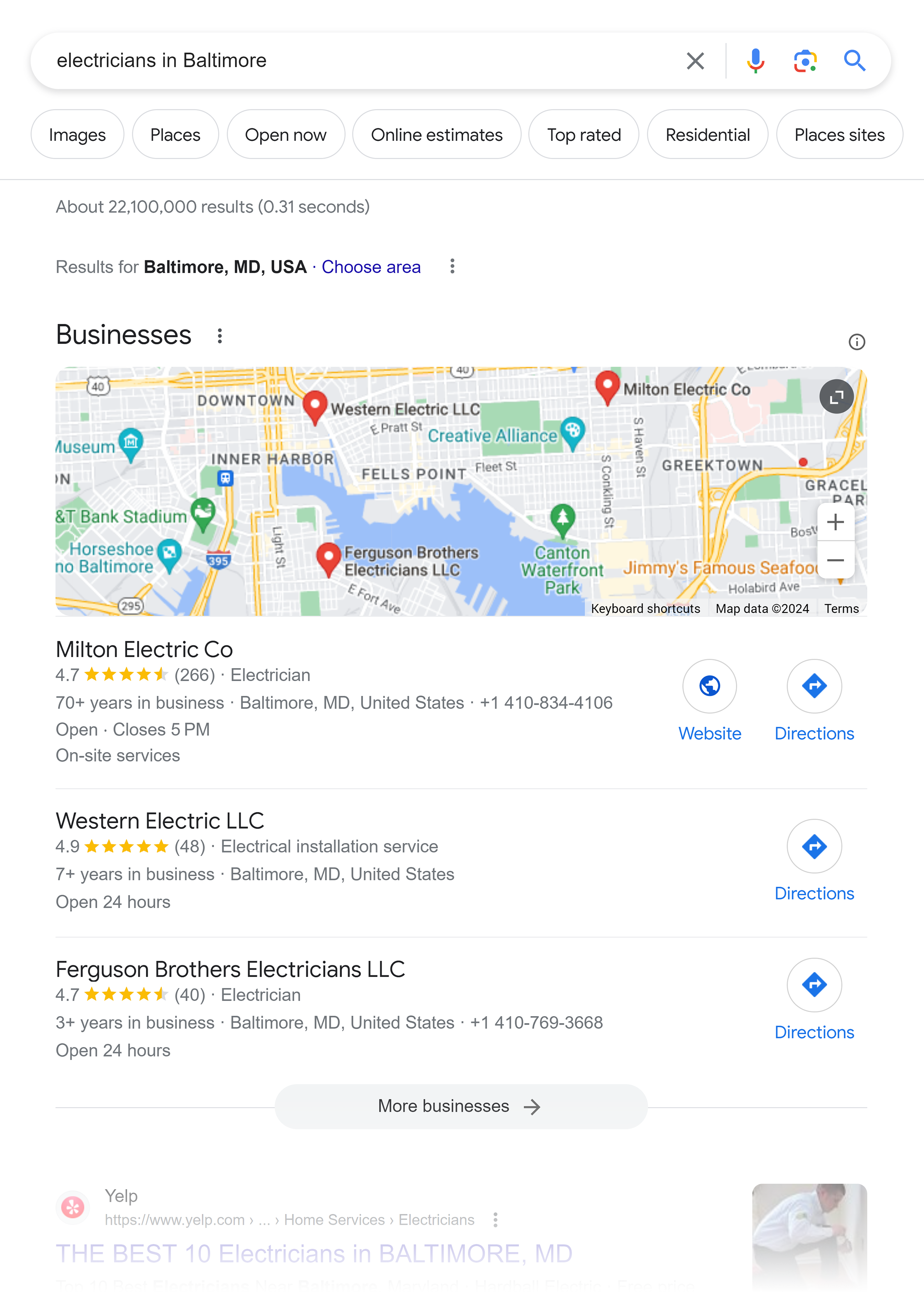 Google SERP – Electricians in Baltimore Google SERP – Electricians in Baltimore