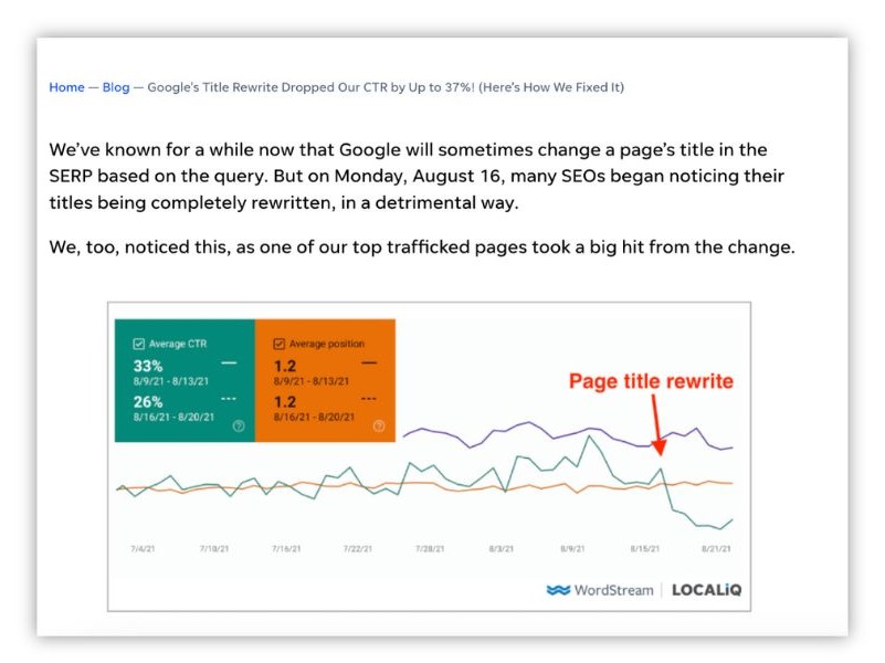 SEO update- graph showing traffic change due to googles title update.