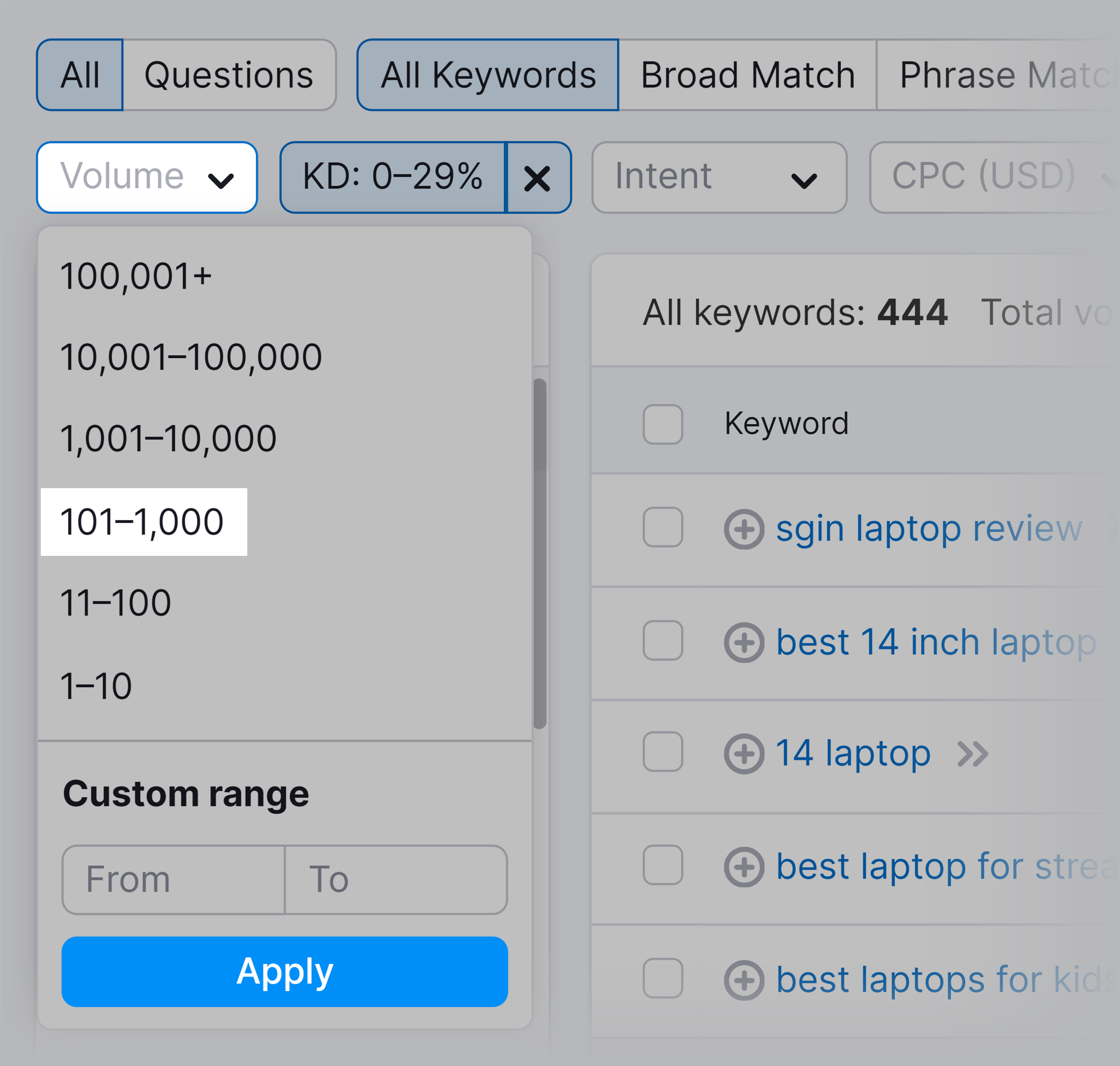 Keyword Magic Tool – Volume filter Keyword Magic Tool – Volume filter