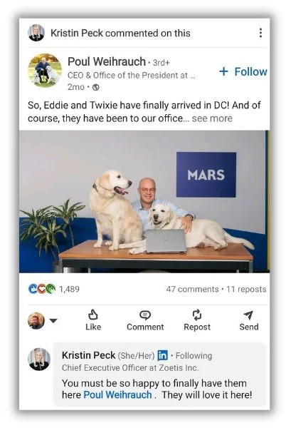 Social selling - LinkedIn post from the Zoetis CEO