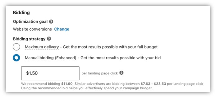 generating leads on linkedin - linkedin bidding strategy example screenshot