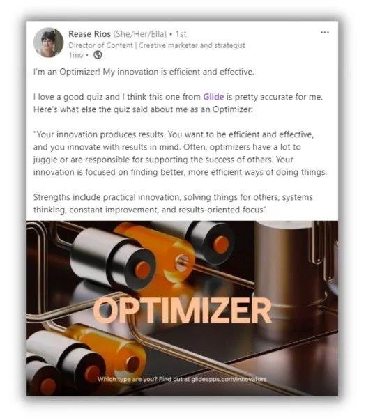 Lead generation examples - LinkedIn post about Glide's Innovator Quiz