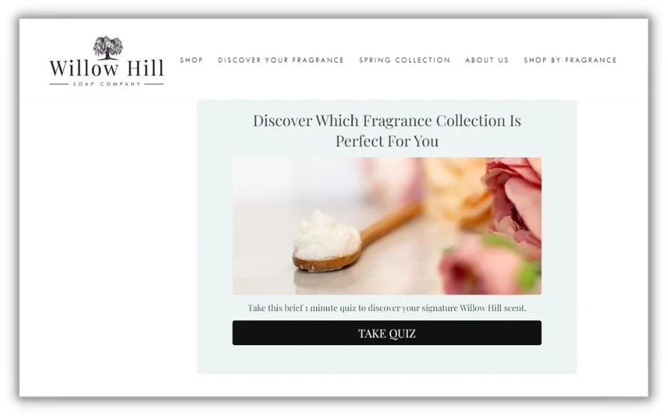 Lead generation examples - Willow Hill Soap Company quiz page.
