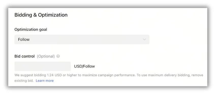 tiktok ads bidding - screenshot from TikTok ads manager.