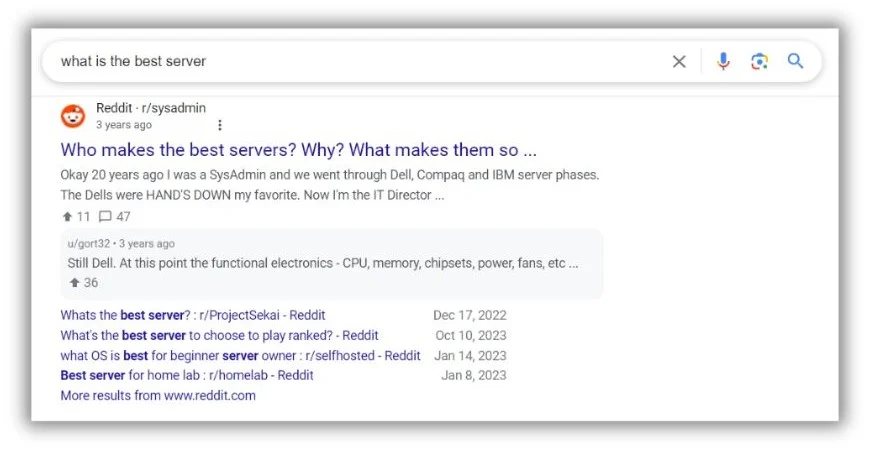 Surprising Google competitors - Reddit post on Google results.
