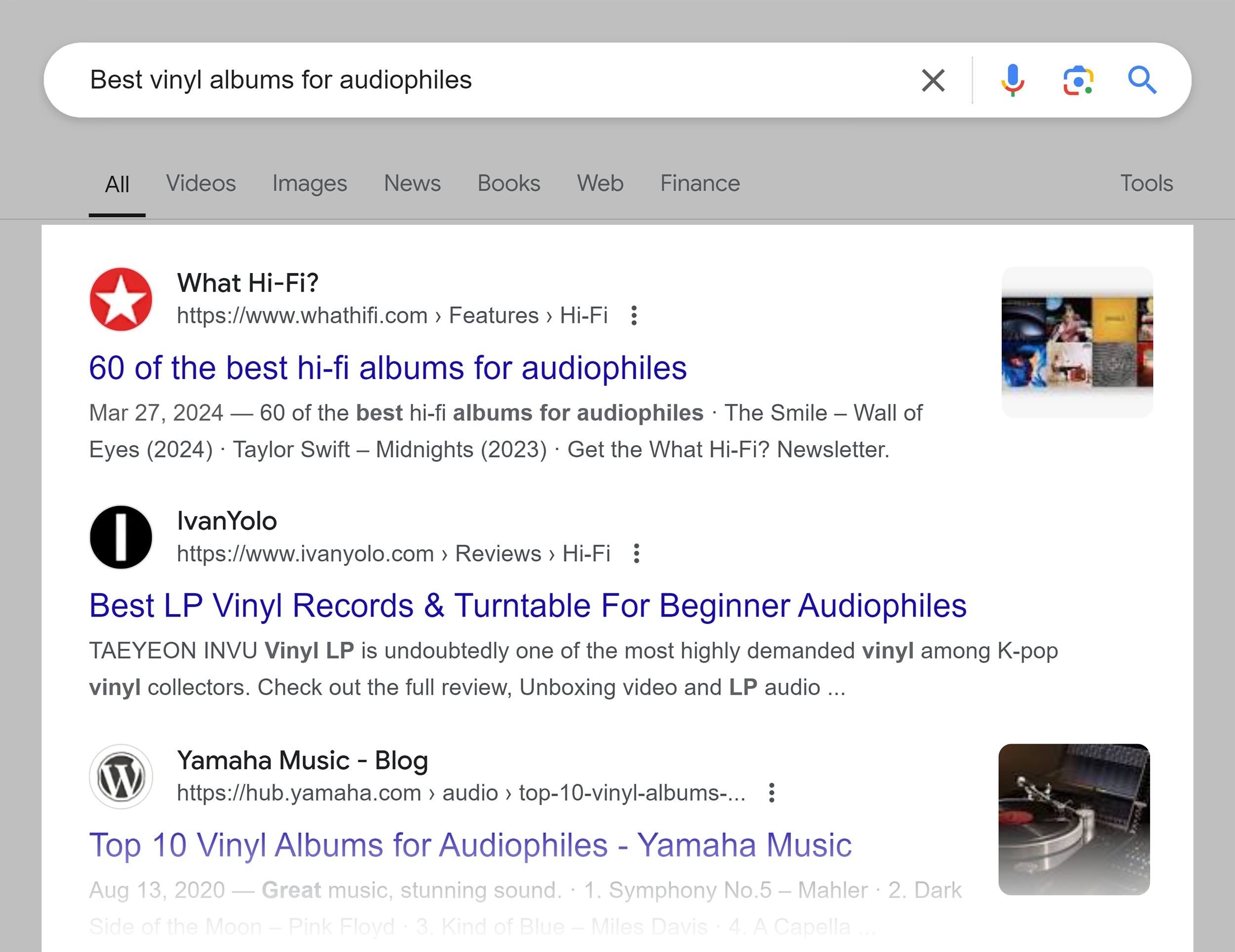 Google SERP – Best vinyl albums for audiophiles