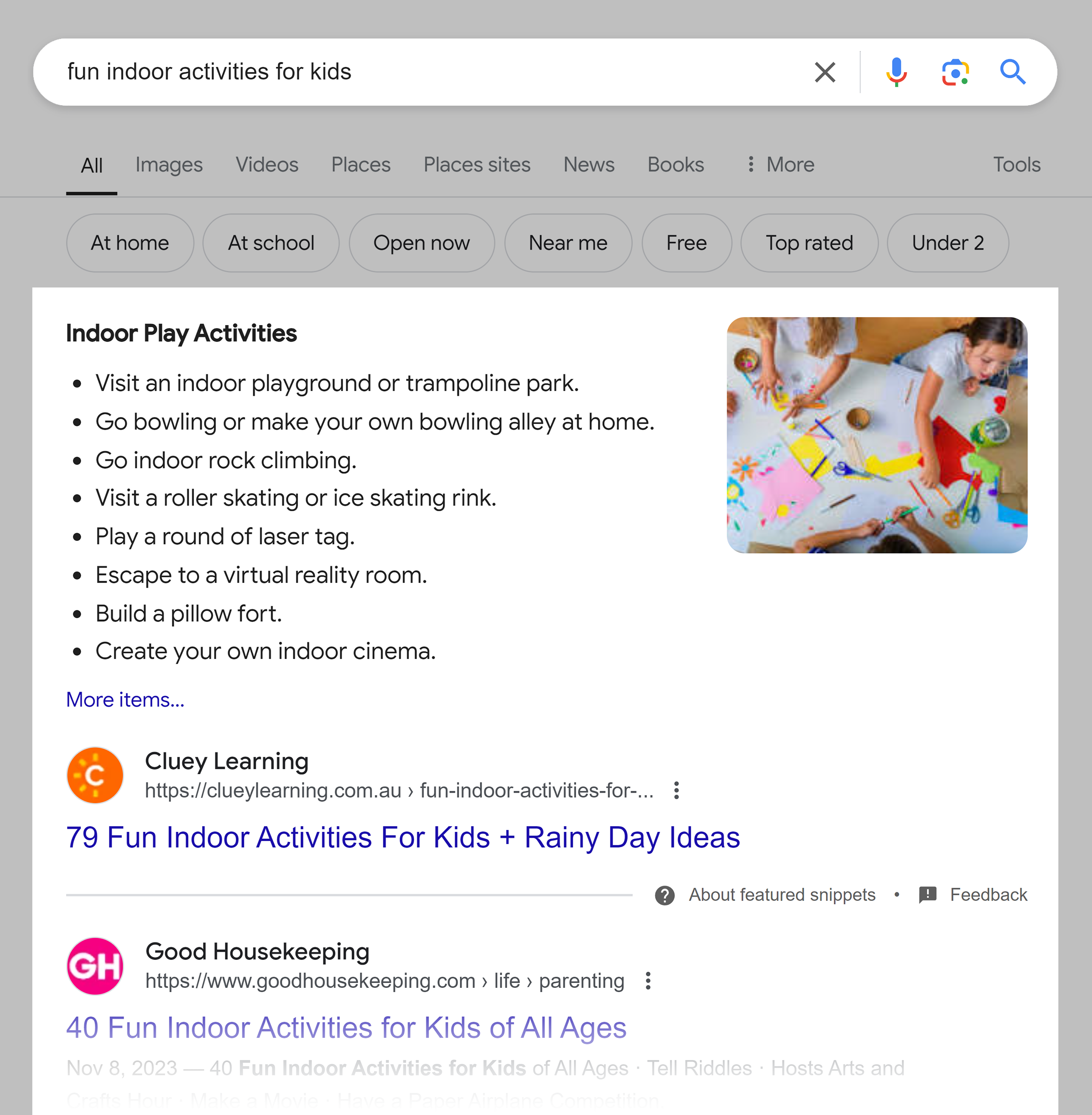 Google SERP – Fun indoor activities for kids