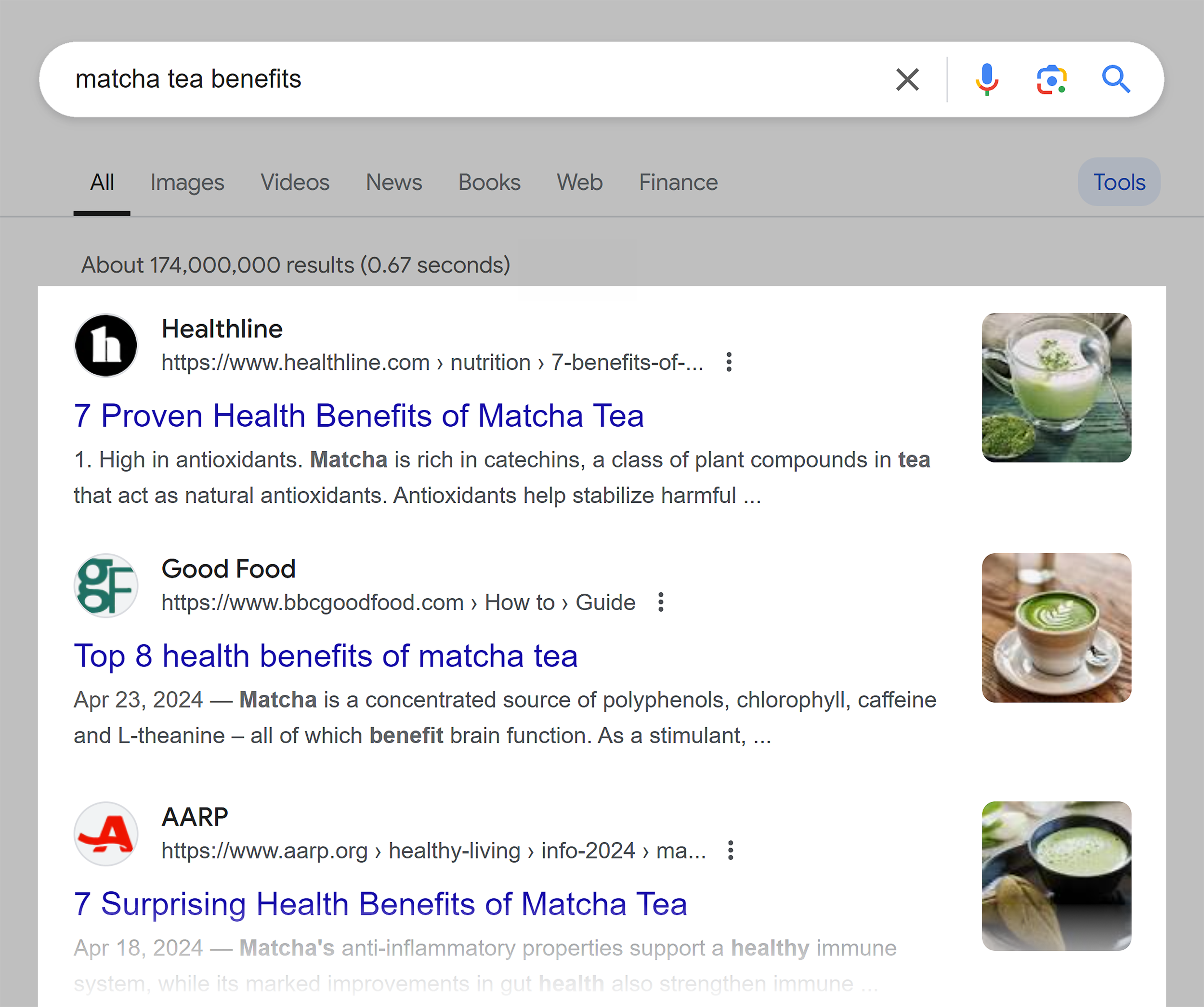 Google SERP – Matcha tea benefits