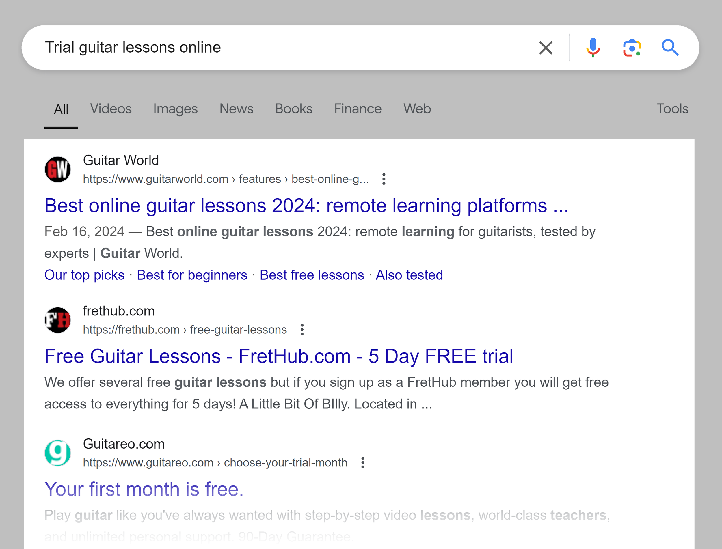 Google SERP – Trial guitar lessons online