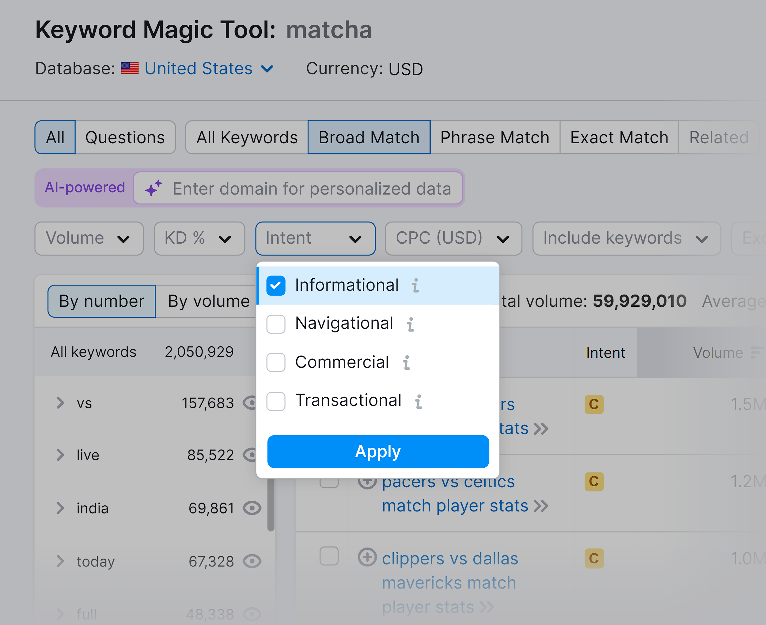 Keyword Magic Tool – Intent filter – Matcha