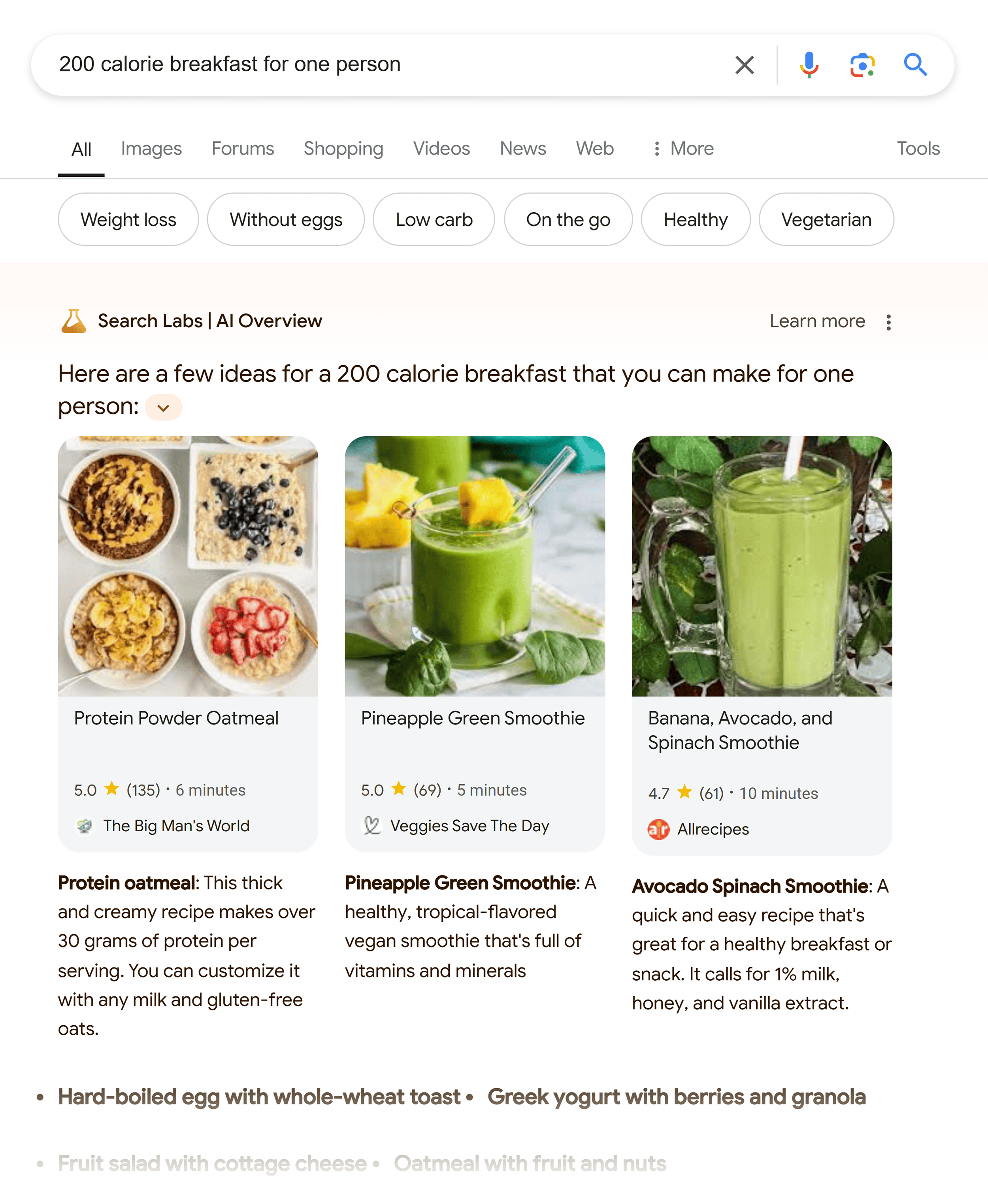 Google SERP – 200 calorie breakfast for one person– AI Overview