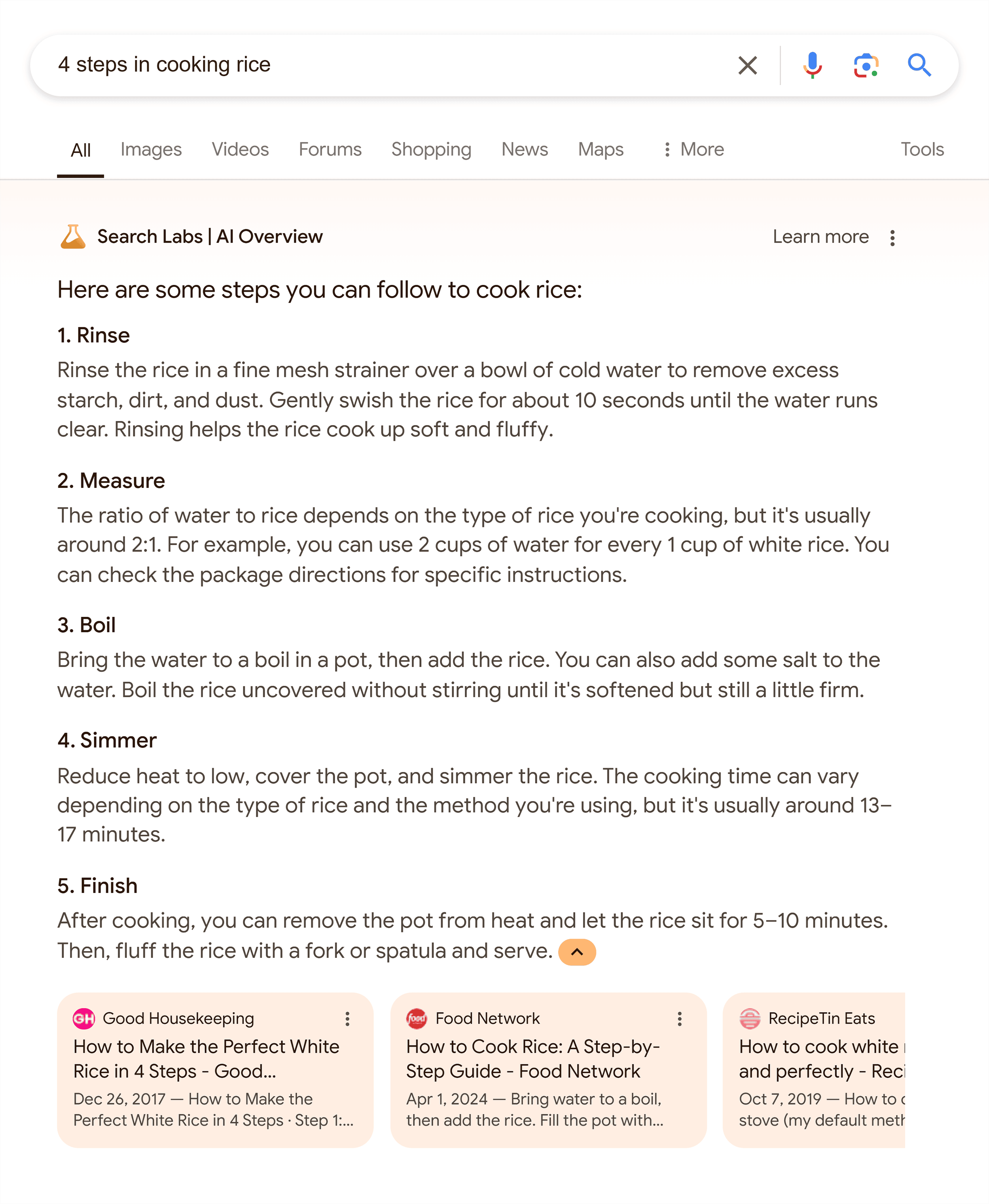Google SERP – 4 steps in cooking rice – AI Overview
