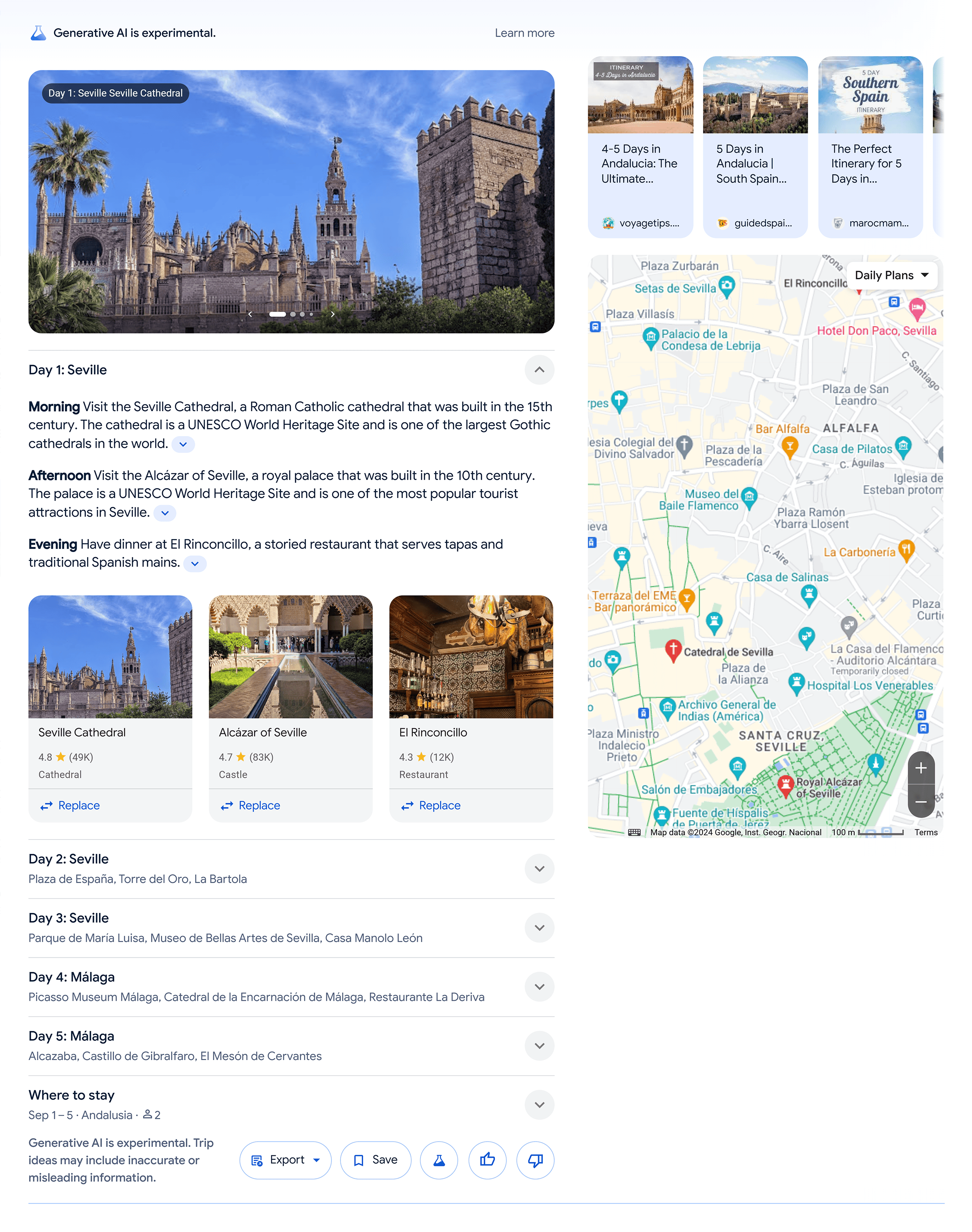 Google SERP – 5 day travel itinerary in Andalucia Spain – AI Overview
