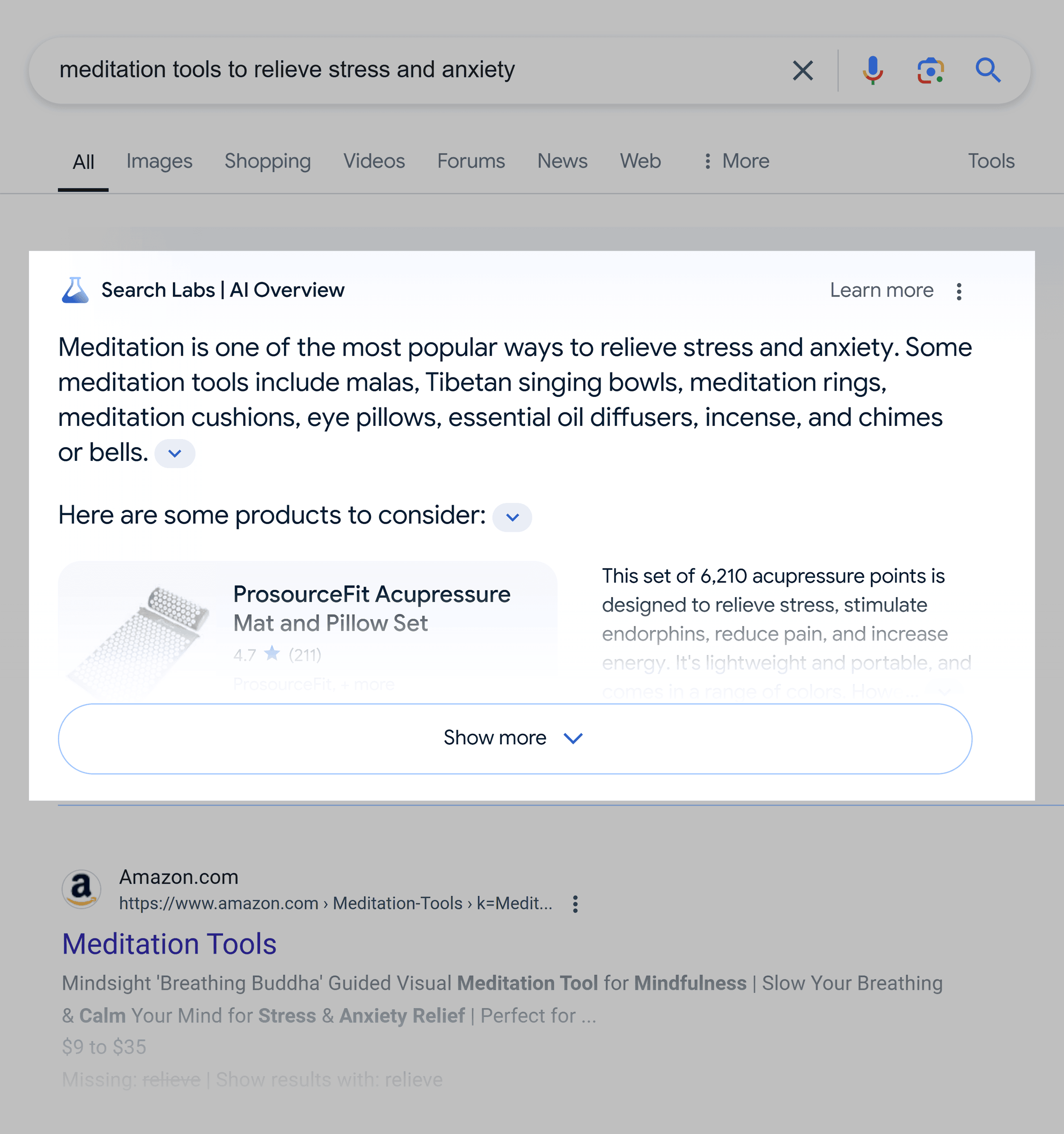 Google SERP – Meditation tools to relieve stress and anxiety – AI Overview