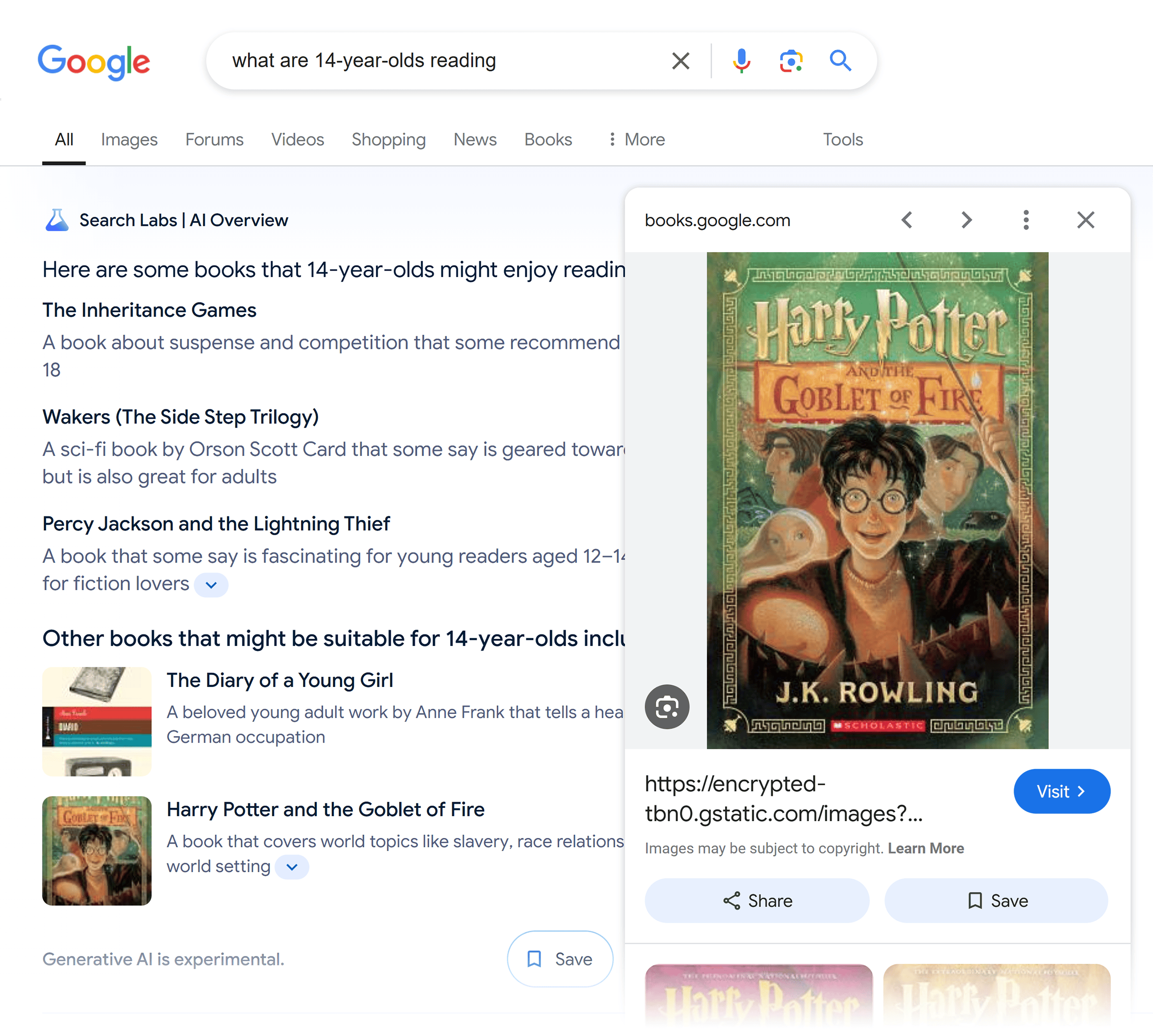Google SERP – What are 14 year old's reading – AI Overview