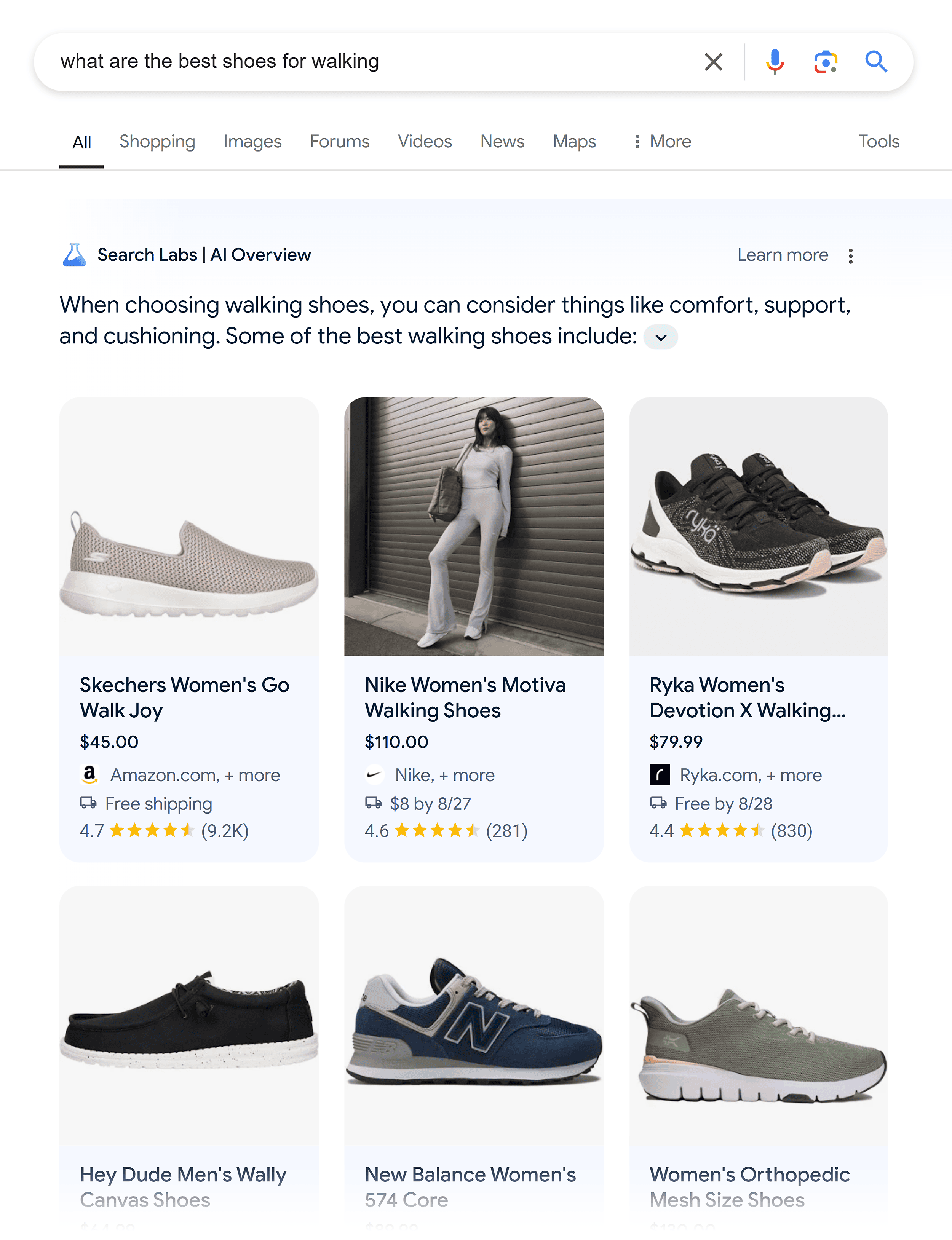 Google SERP – What are the best shoes for walking – AI Overview
