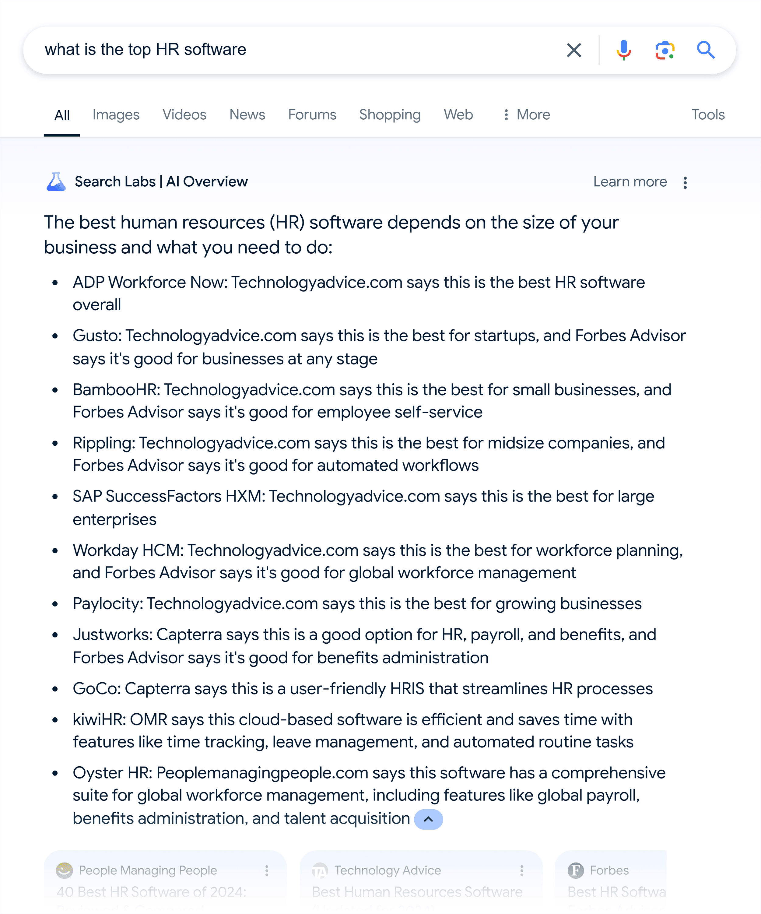 Google SERP – What is the top HR software – AI Overview