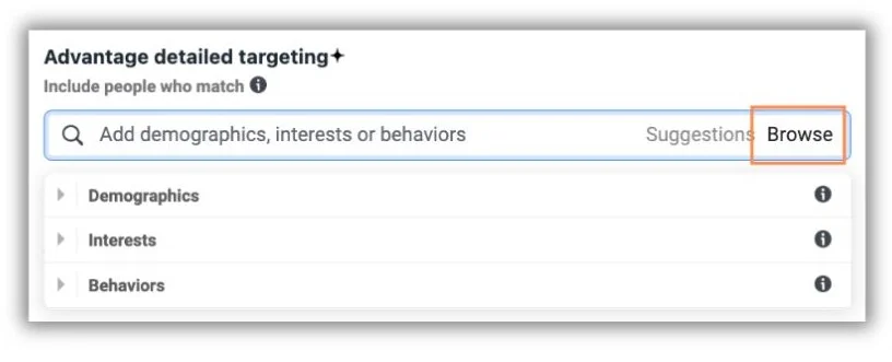Instagram ad targeting Ads Manager screen for Advantage audience targeting choice.