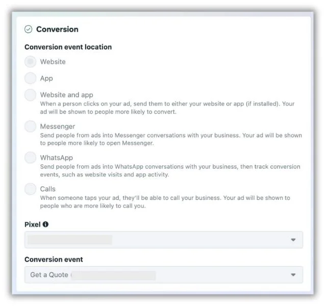 Instagram ad targeting Ads Manager screen with conversion event choices.