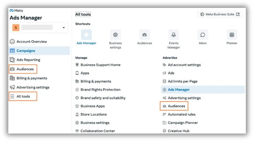 Instagram ad targeting Ads Manager screen with all audience options.