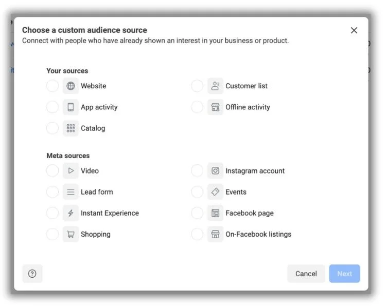 Instagram ad targeting Ads Manager screen with custom audience options.