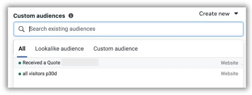 Instagram ad targeting Ads Manager screen with custom audience search bar.