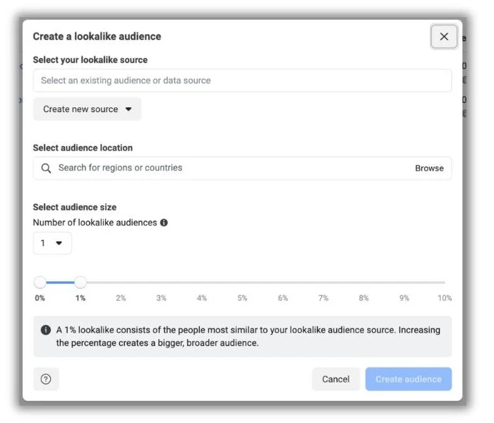 Instagram ad targeting Ads Manager screen for choosing a lookalike audience.