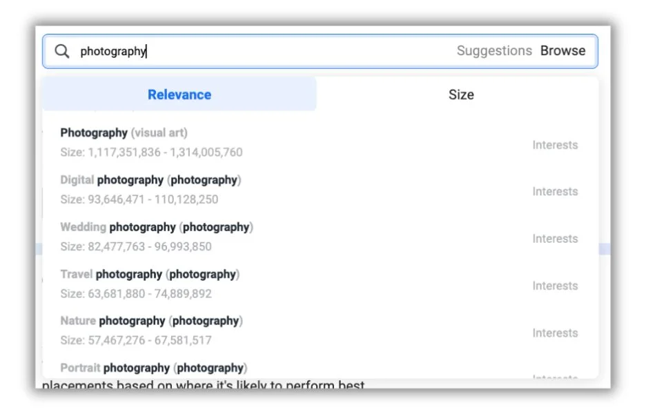 Instagram ad targeting Ads Manager screen showing photography sub-groups.
