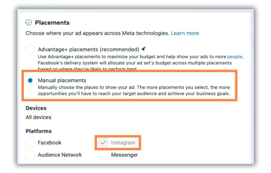 Instagram-ad-targeting-Ads Manager screen with placements highlighted.