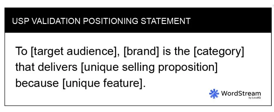positioning statement - graphic with USP validation template.