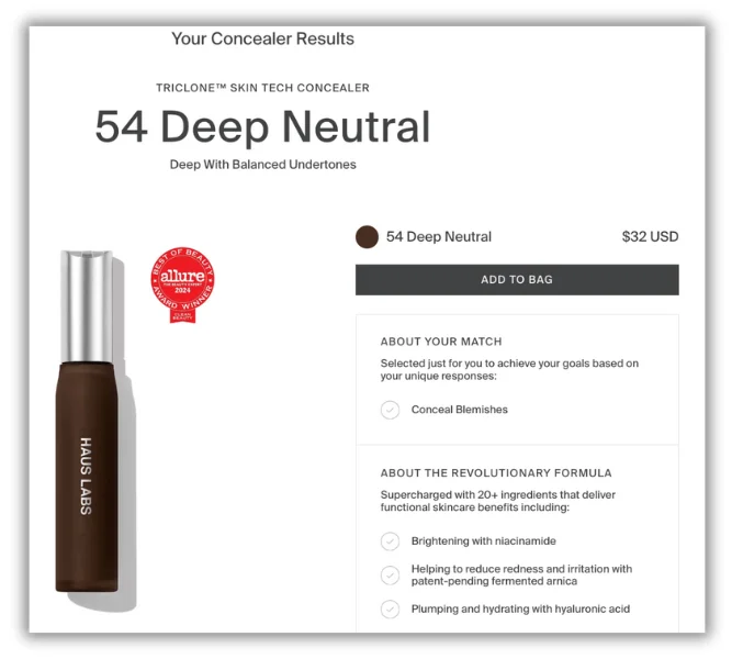 cro marketing quiz example from haus labs results