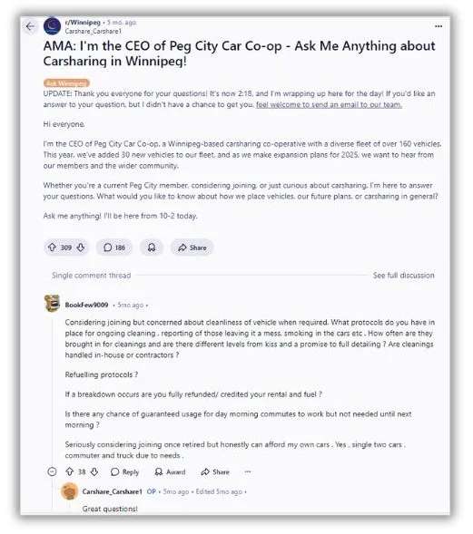 reddit marketing - Reddit post AMA from carshare co-op.