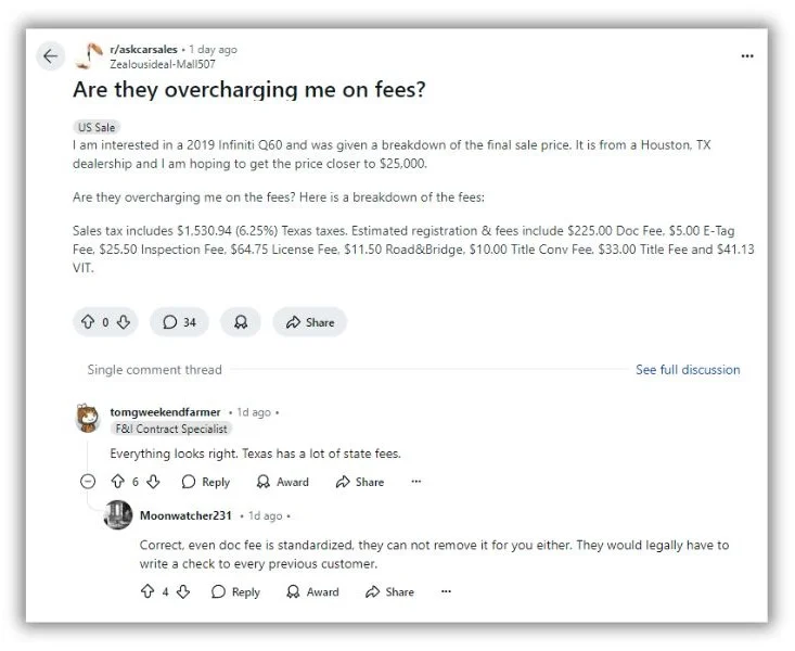 reddit marketing - Reddit post with car salesperson answering a question.