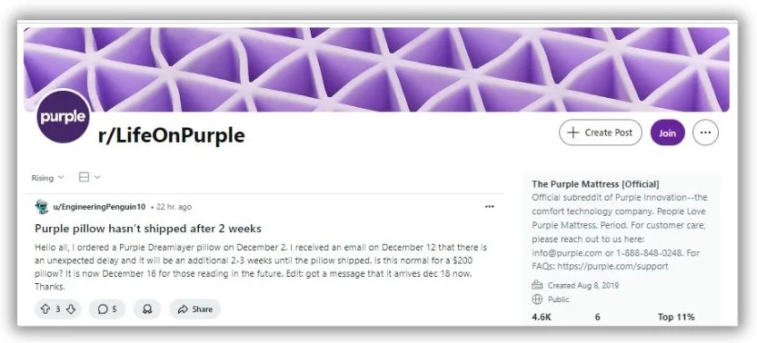 reddit marketing - Reddit page from Purple.