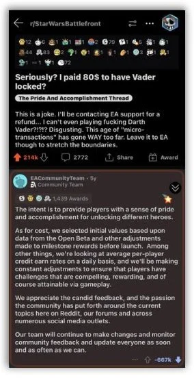 reddit marketing - EA downvoted post.