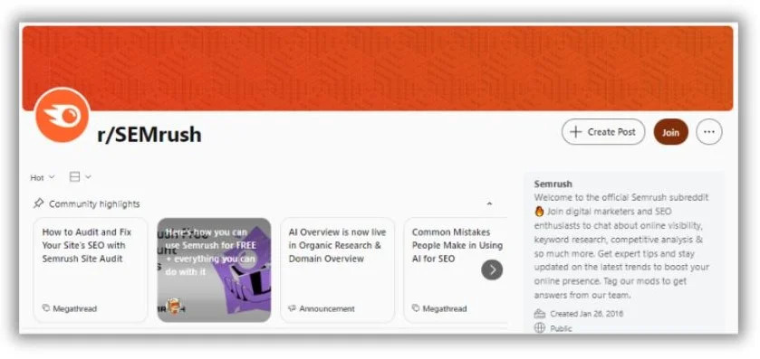reddit marketing - Reddit page for Semrush.