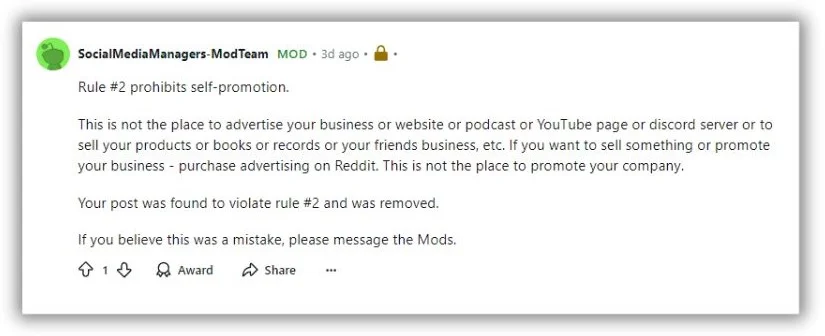 reddit marketing - Reddit moderator warning.