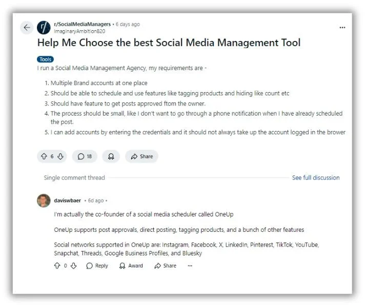 reddit marketing - Reddit post with CEO offering his product.