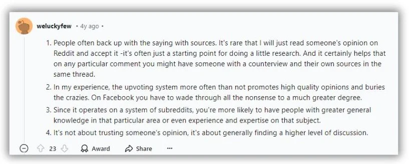 reddit marketing - Reddit post why people trust it.