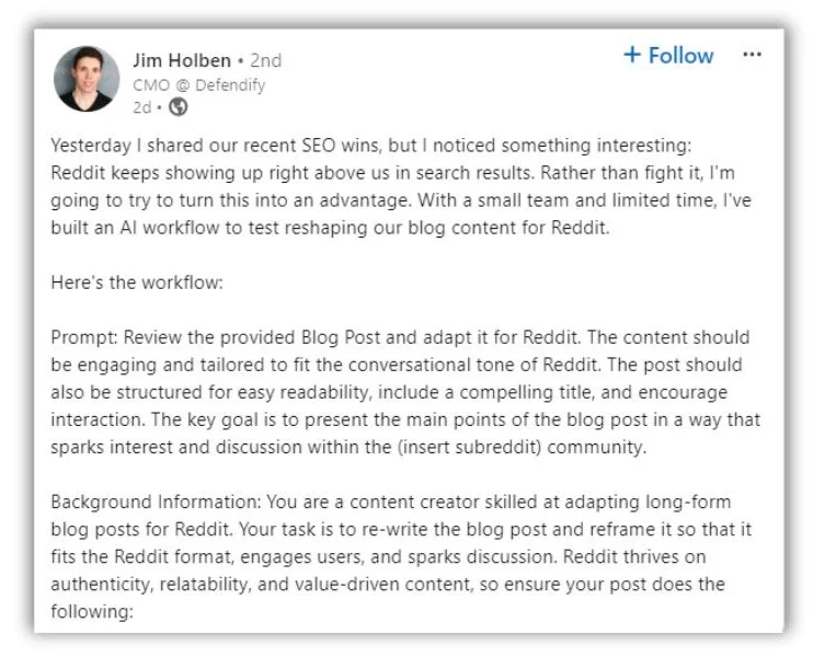 Content marketing trends - LinkedIn post from Jim Holben
