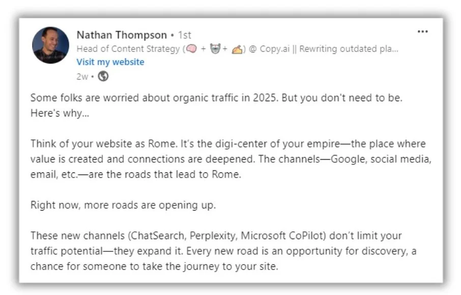 Content marketing trends - LinkedIn post from Nathan Thompson