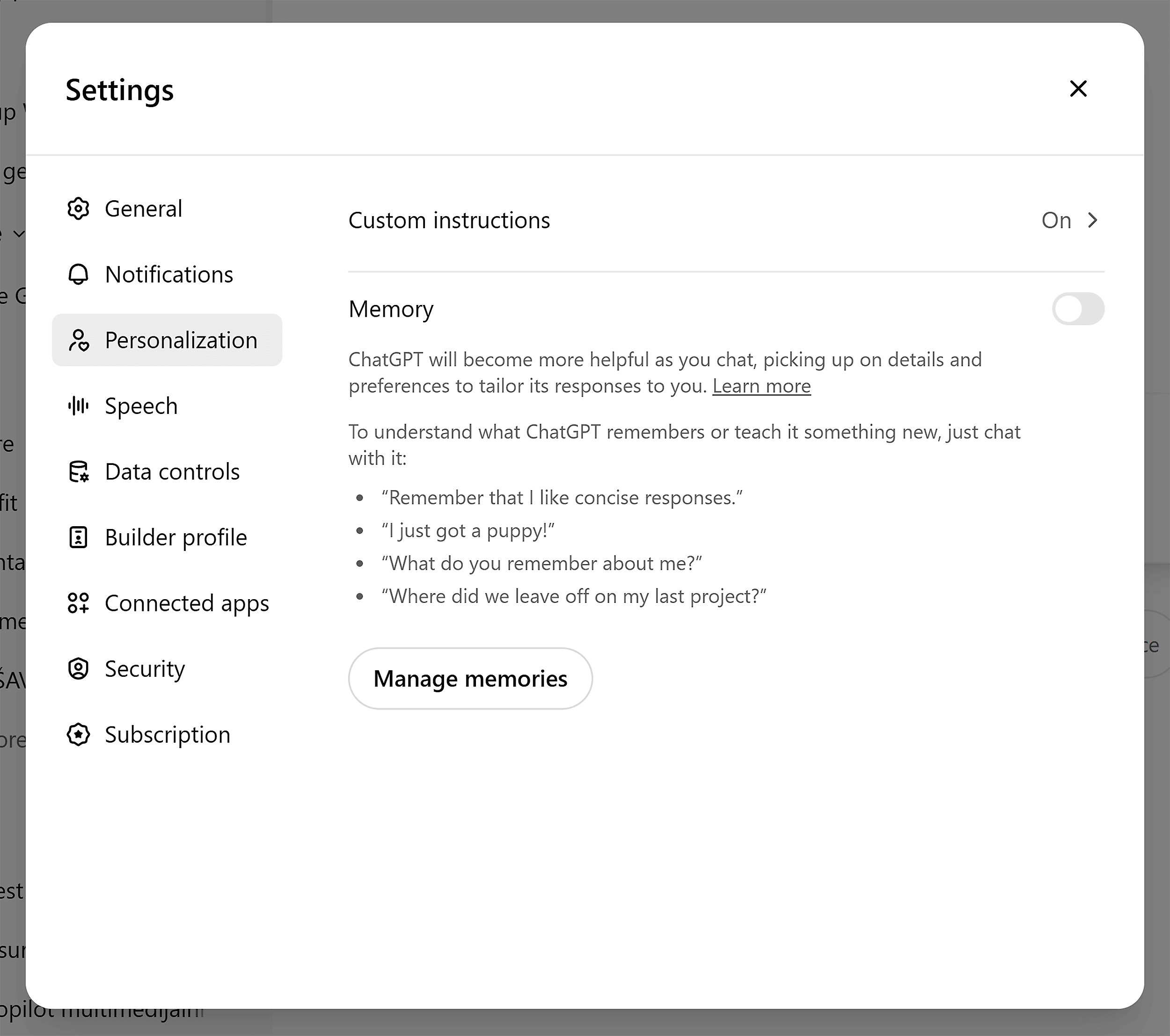 ChatGPT – Profile settings – Personalization