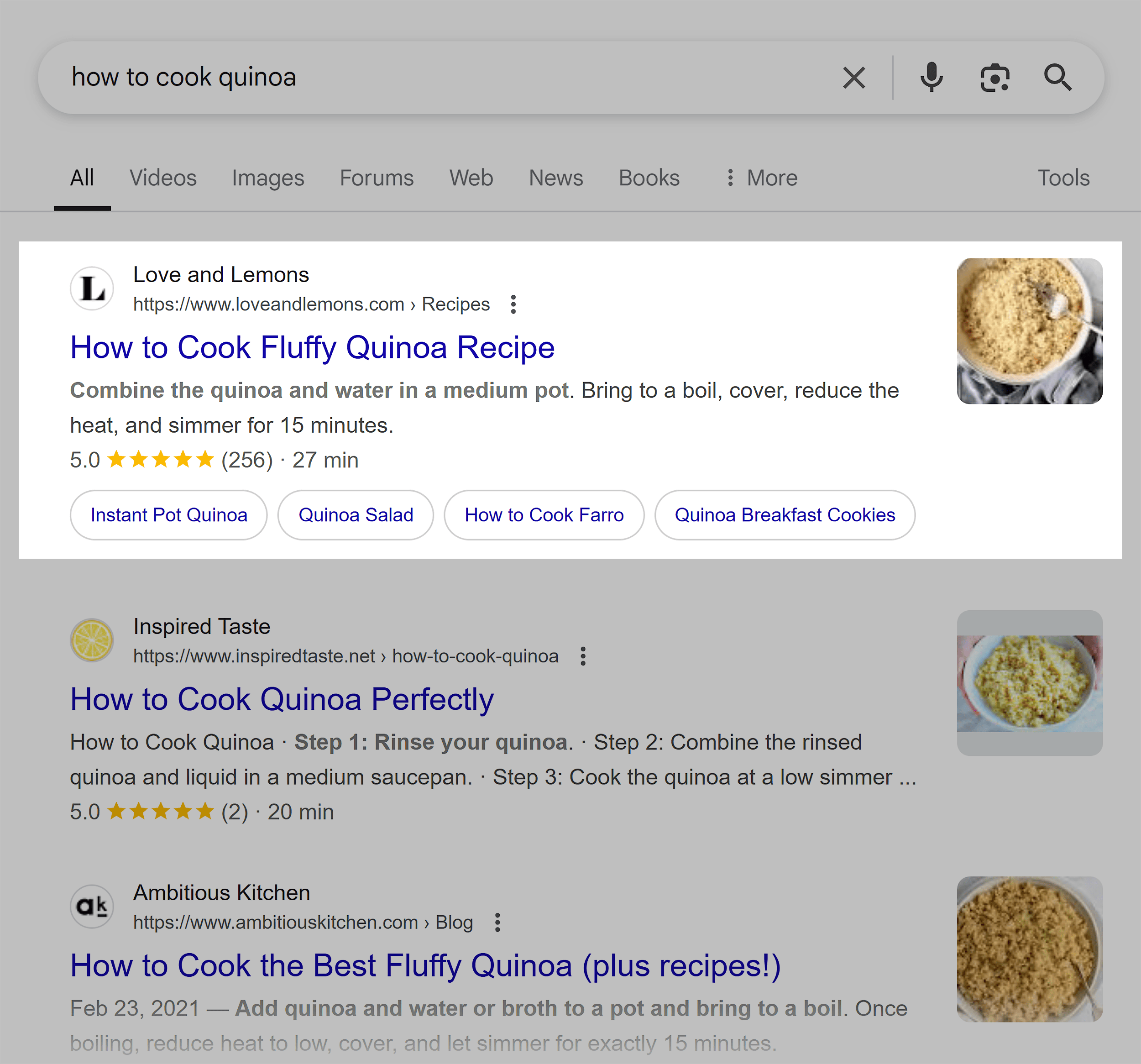 Google SERP – How to cook quinoa